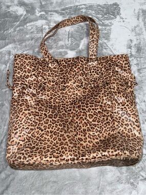 Neiman Marcus Brown Tan Leopard Print Tote Bag Drawstring Shoulder Strap READ